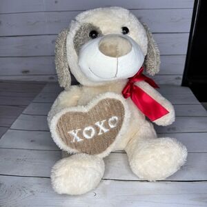 Kellytoy Beige Puppy Dog 12" Plush XOXO Heart Red Bow Valentine Stuffed Animal